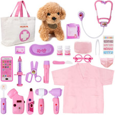 Toy Doctor Kit for Girls - Pretend Play Doctor Set with Dog Toy, Carrying Bag, S