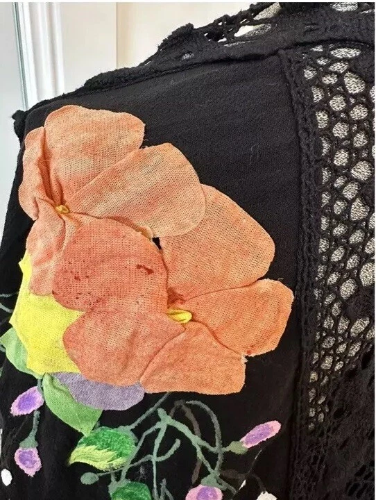 Vintage 60s 70s Cotton Mexican Piano Shawl Rebozo Flamenco Hand Painted Flowers - Image 3 of 4