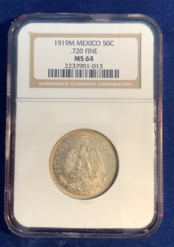 MEXICO ESTADOS UNIDOS 1919 50 CENTAVOS COIN NGC CERT. CHOICE UNCIRCULATED MS64