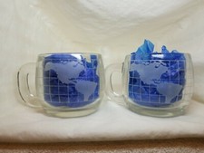 Vintage Nestle Nescafe World Globe Frosted Glass Coffee Mugs Cups Set of 2