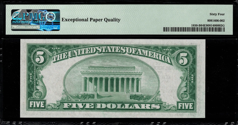 1929 $5 Federal Reserve Bank Note New York FR.1850-B - PMG 64 EPQ Low Serial 81 - Image 2 of 2