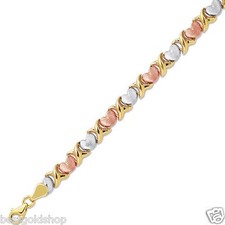 7.25" Ladies Puffed Heart  Kisses Stampato Bracelet Real 14K TriColor Gold