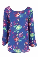 SIGNATURE STUDIO Blouse Women's XL Blue Floral Long Sleeve Shirt