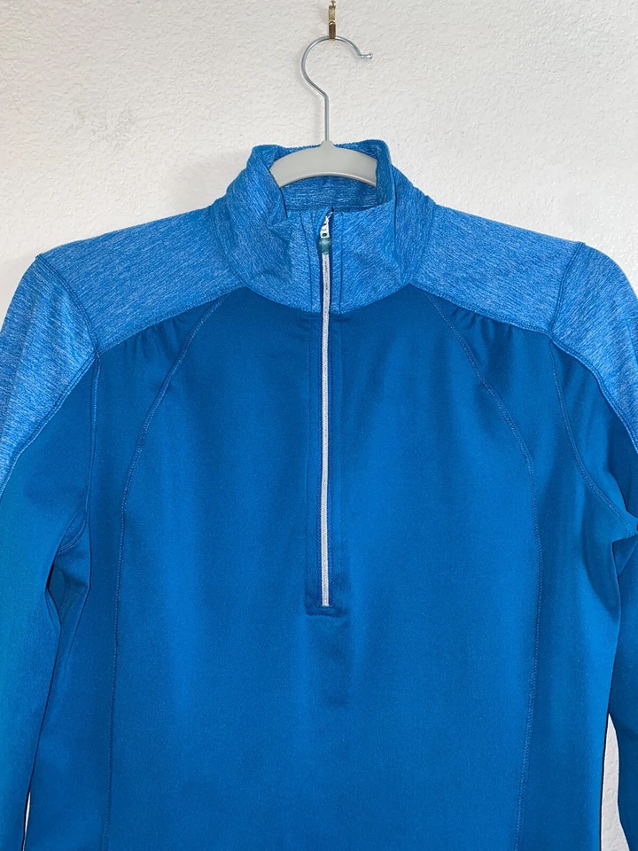 Pullover Moving Comfort para mujer L/S Top 1/4 cremallera agujeros para el pulgar azul talla M para correr Foto 2 de 4