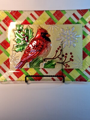 クリスマス　ガラスプレート Christmas Cardinal Decorative Glass Embossed Platter. 