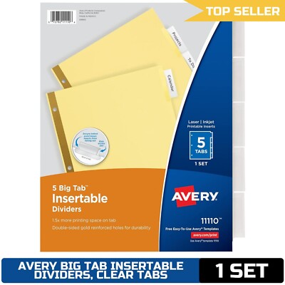 Avery Big Tab Insertable Dividers 5-Tab Set Buff Paper Clear Tabs 1 Binder Divid