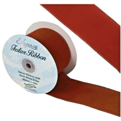 Eleganza 60mm Red Velvet Ribbon With Gold Wired Edge 9 Metre Roll