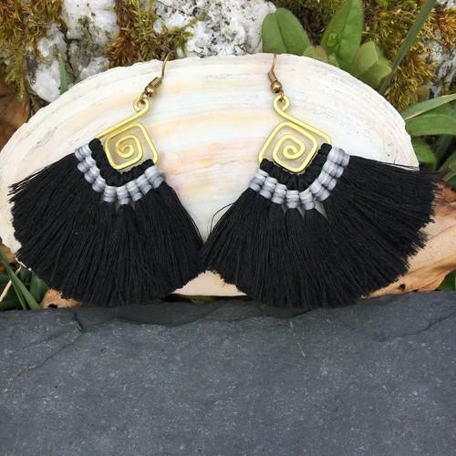 Earring Brass Silk Thread Embroidered Handmade Thailand Boho Ethnic Nomads Wales - Picture 2 of 26