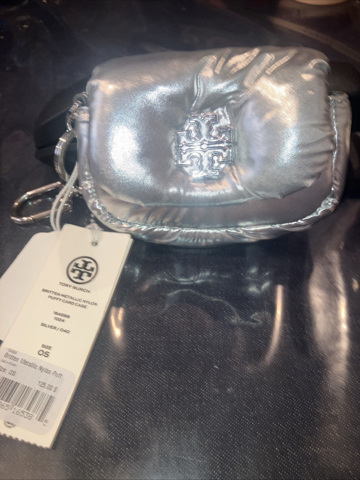 Tory Burch Britten Metallic Nylon Puffy Card Key Holder NWT $125