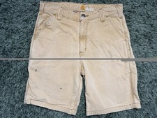 Carhartt SZ 32 Canvas Work Shorts Tan Canvas Distressed Stained Carpenter 102514