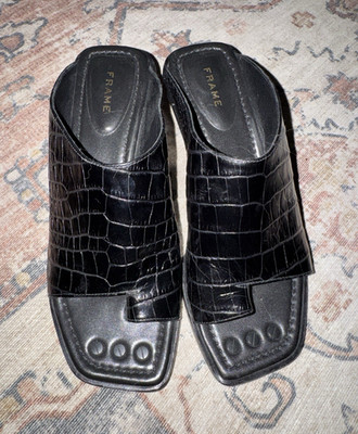 FRAME Women s Black Croc-Embossed Leather Slide Sandals Open Toe Logo 7.5