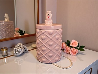 New Pink Girl Shabby Royal Chic Ceramic Poodle Doggie Treat Dog Treat Cookie Jar