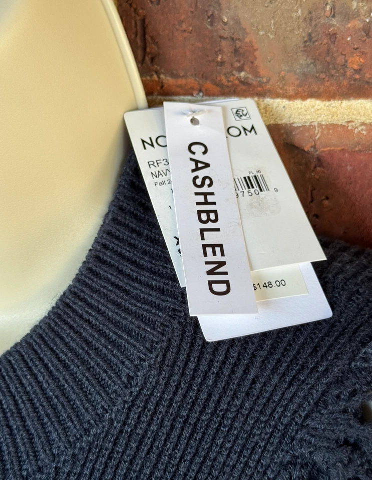 Espléndido Suéter Suave Phoebe Pointelle Mezcla de Cashblend Hombro Azul Marino XS NUEVO Foto 3 de 4