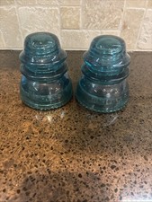 2 Hemingray 42 Glass Insulators Electrical Vintage Made in USA Teal Blue Clear