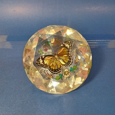 L313 Art Glass Diamond Paperweight Hand Painted Butterfly flowers Amia Studios