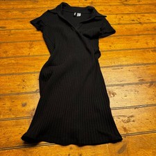 HM Divided Womens Black Ribbed Knit Polo Mini Dress Short Sleeve V-Neck Size M