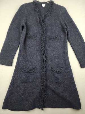 Armani Collezioni Cardigan Sweater Womens 10 Blue Boucle Knit Fringe Pockets