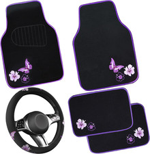 Butterfly Car Floor Mats And Steering Wheel Cover Purple 14.5-15 Inch Universal