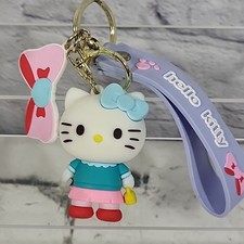 Hello Kitty Keychain Pink Vinyl Charm 3D Figure Pink Bow Wristlet Clip