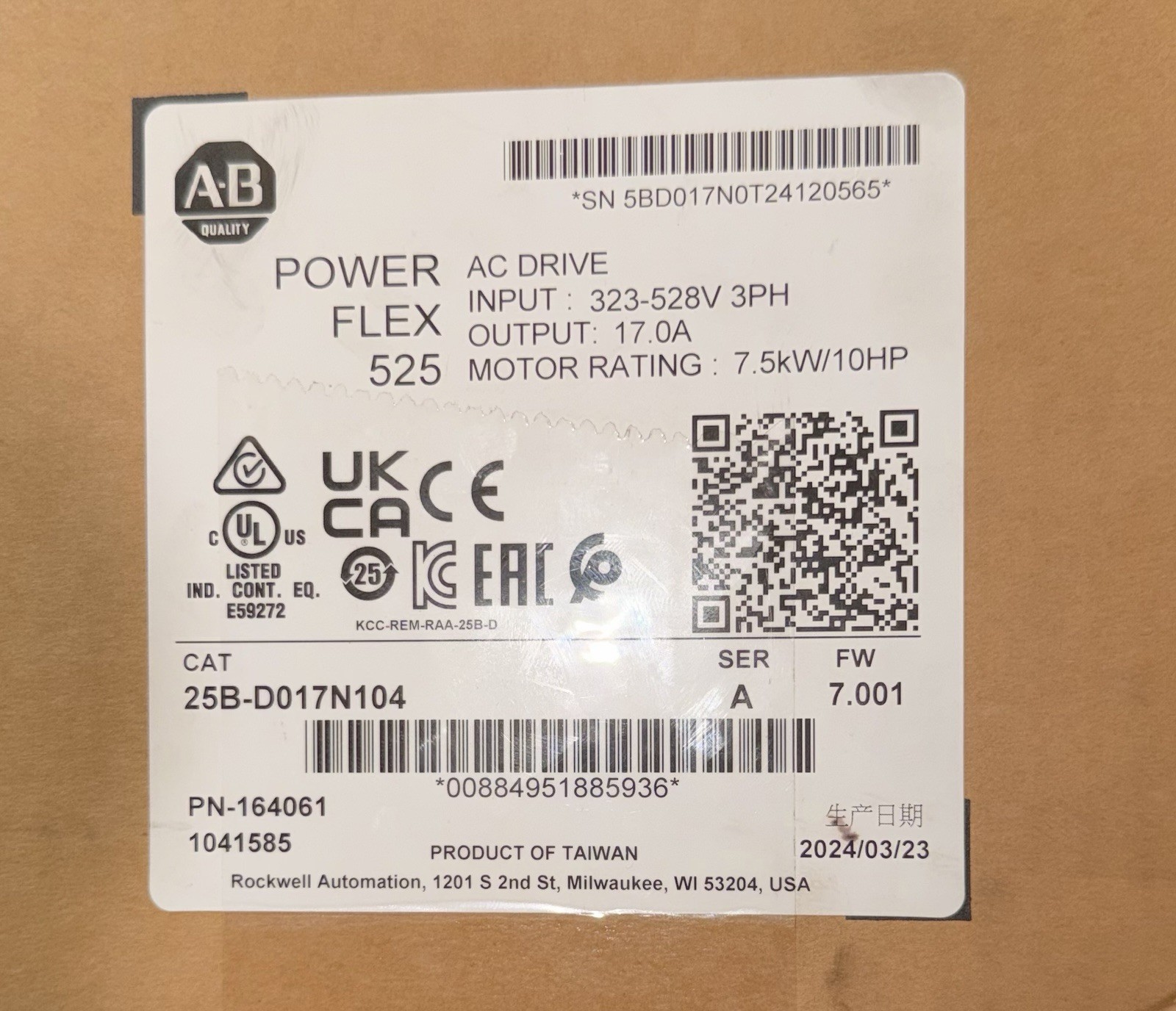 Allen-Bradley 25B-D017N114 PowerFlex 525 10Hp AC Drive 3 Phase NEW FREE SHIPPING