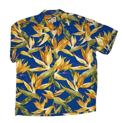 Paradise Found Aloha Shirt Mens L Birds of Paradise Blue Hawaiian Rayon Hawaii