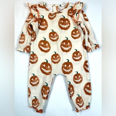 MUDPIE Girls Pumpkin JackOLantern Ruffle Long Sleeve Romper 6-9M Fall Halloween
