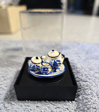 Miniature Painted Porcelain Blue  White Tea  Coffee Set 4pc Dollhouse