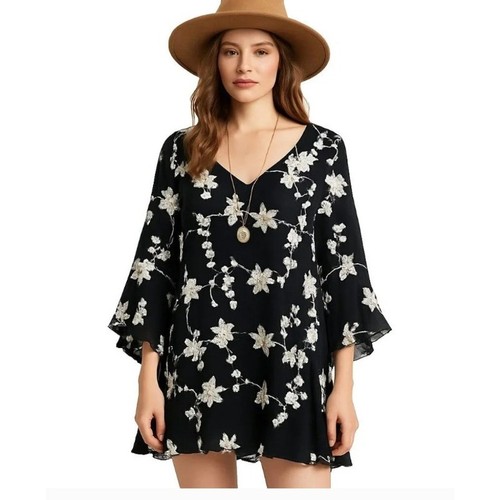 Umgee USA Dress Womens Small Navy Floral Embroidered Open Back Bell Sleeve Boho