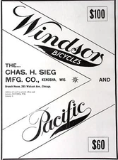1896 Windsor Bicycles Pacific Bicycles Chas H Sieg Mfg Co Dealer Print Ad