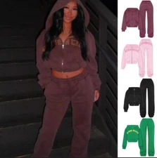 street y2k Sports Suit Zip-up Hooded Cropped Sweatshirt Top And Loose Drawstring