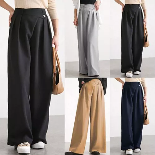 Women Wide Leg Irregular Pleated Loose High Waist Casual Pants Bottoms Trousers - Picture 12 of 21