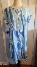 ESCAPADA Blue White Mod Print Short Sleeve Button Front Shift Shirt Dress Sz S