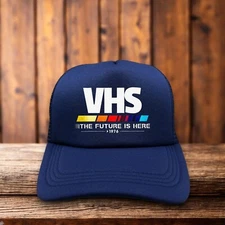 VHS Video Home System 70s Logo Unisex Trucker Hat Blue Snapback Retro Ball Cap