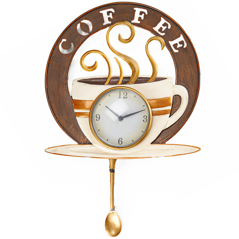 Coffee Cup Wall Clock Swinging Pendulum Spoon Designer Cafe Kitchen
