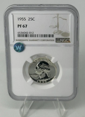 NGC PF67 1955 Washington Quarter 25c w/ Sight White "W" Sticker