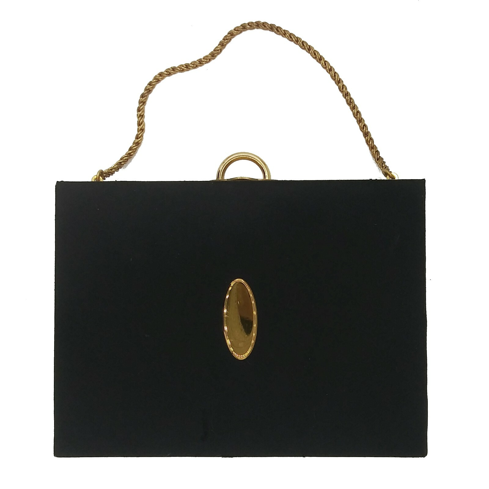Vintage Evans Black Fabric Gold Metal Box Purse w/ Mirror 1950s Clutch Bag