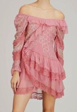 $496 LoveShackFancy Women's Pink Sequin Off-Shoulder Angora Mini Dress Size 0