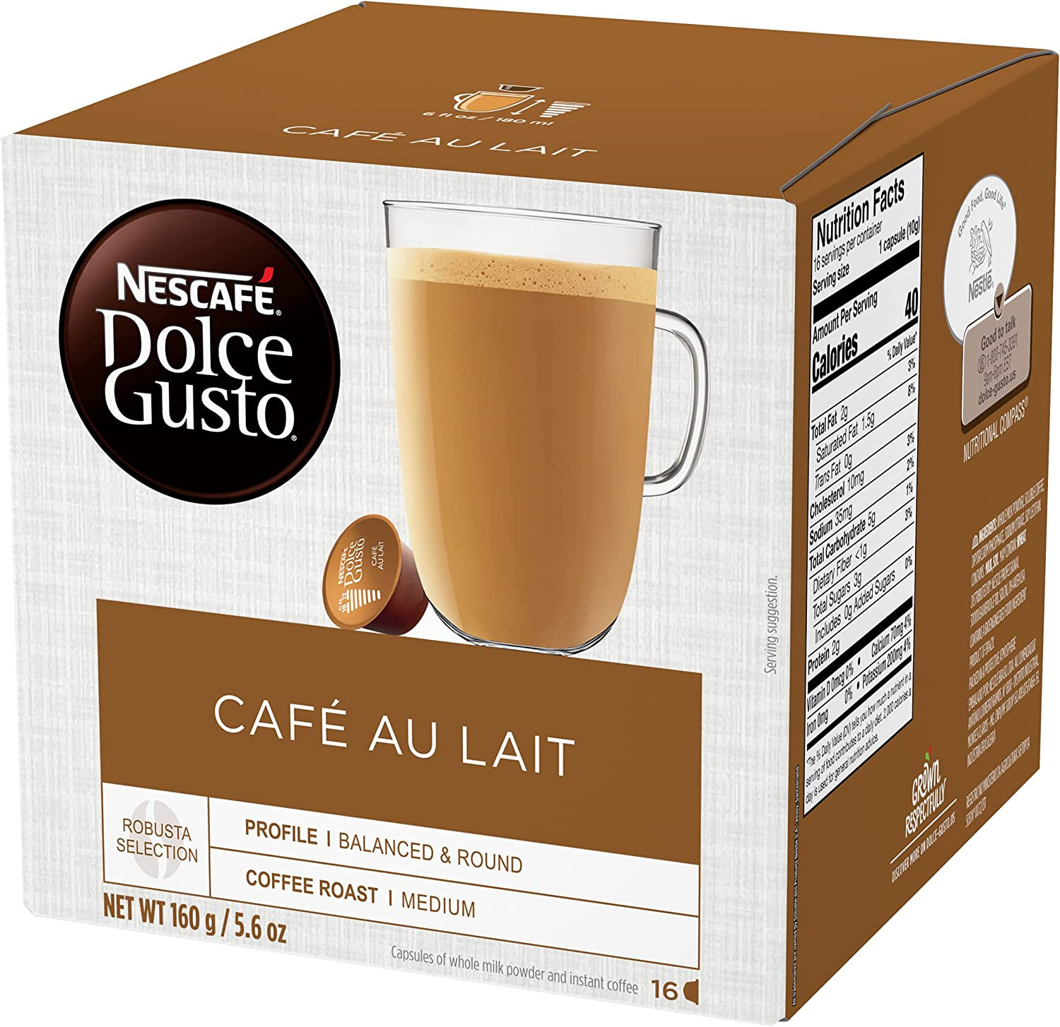 Nescafe Dolce Gusto Coffee Pods, Cafe Au Lait,16 Count Pack of 3