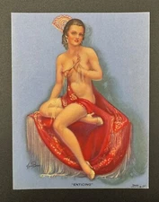 Enticing, Vintage Calendar Girl 4.75 x 6.25 Pin-Up Print, Curvy Brunette Dancer