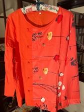 Summer Women's Cotton Blend Tunic Blouse Tops Orange Flowers Long Sleeve