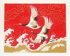 Oriental Flying Cranes in Gold  Red Wedding HP Needlepoint Canvas "BF" 18m LEE