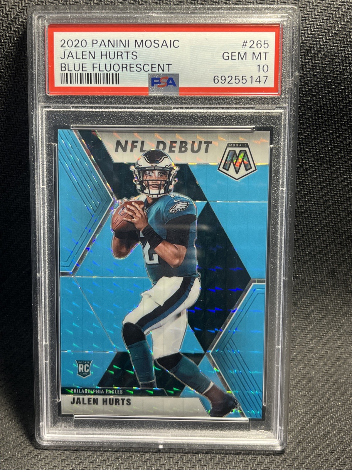 2020 MOSAIC JALEN HURTS ROOKIE NFL DEBUT BLUE FLUORESCENT 12/15 PSA 10 EAGLES