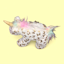 white and pink unicorn purse with gold butterfly details