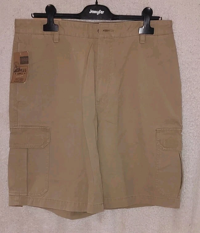 Izod Mens Utility Cargo Shorts Tan Cotton Pockets Size 34W NWT