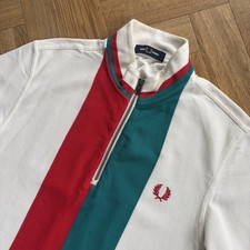 Fred Perry Striped Cycling Polo Shirt Size Medium White Green Red Mod Casuals 60
