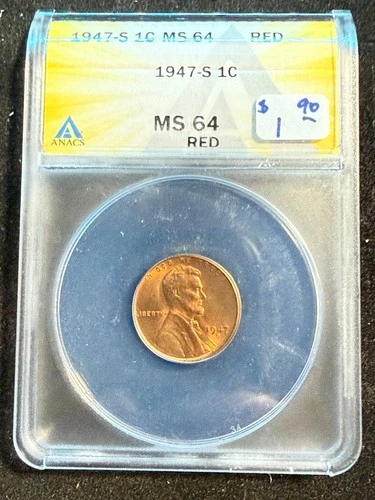 1947 S LINCOLN WHEAT CENT ANACS MS 64 RD 140