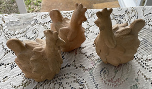 Vintage Set of 3 TERRA COTTA CLAY POTTERY Unique CHICKEN HEN ROOSTER 5"