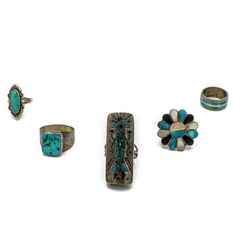 Southwest Sterling Turquoise MOP Chip Inlay Kachina Rings Lot of 5 #S5651-2