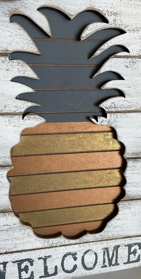 Primitive Whitewashed Wooden Pineapple Welcome Sign  Decor - Image 2 of 4