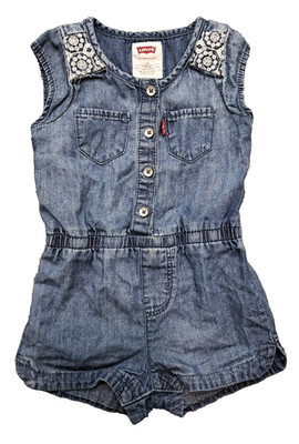 Levi's One Piece Denim Lace Romper Baby Girls Sz 12 Months Shorts Buttons Pocket